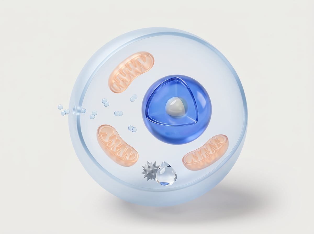 Illustration d’une cellule : l’hydrogène moléculaire traverse la membrane, atteint les mitochondries et le noyau, et transforme le radical hydroxyle en eau