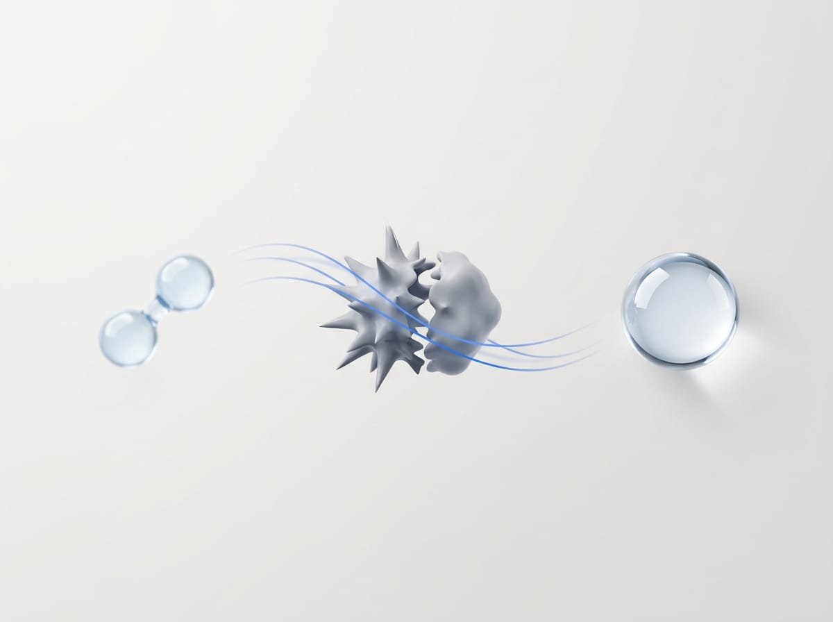 Illustration 3D : l’hydrogène neutralise un radical libre et le résultat est une goutte d’eau