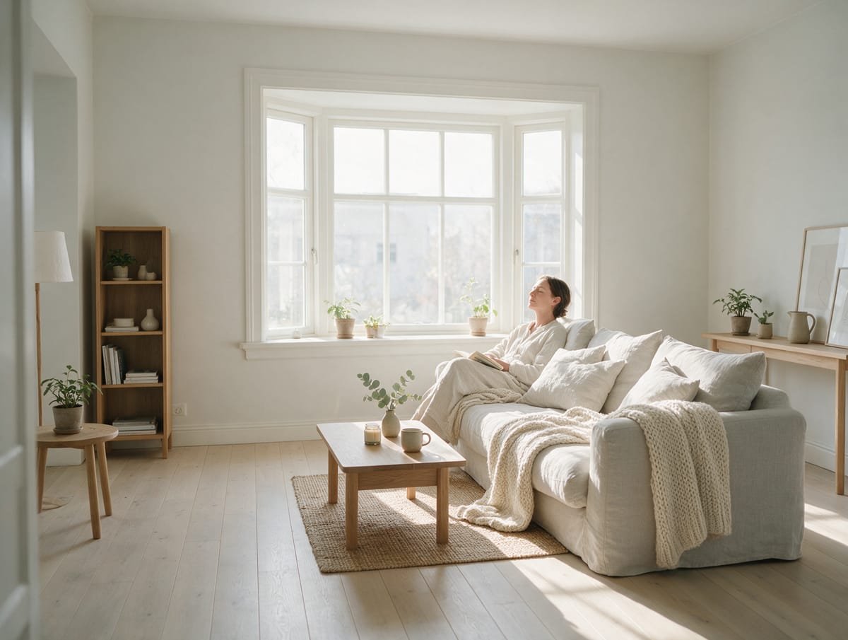 Person resting on a sofa by the window