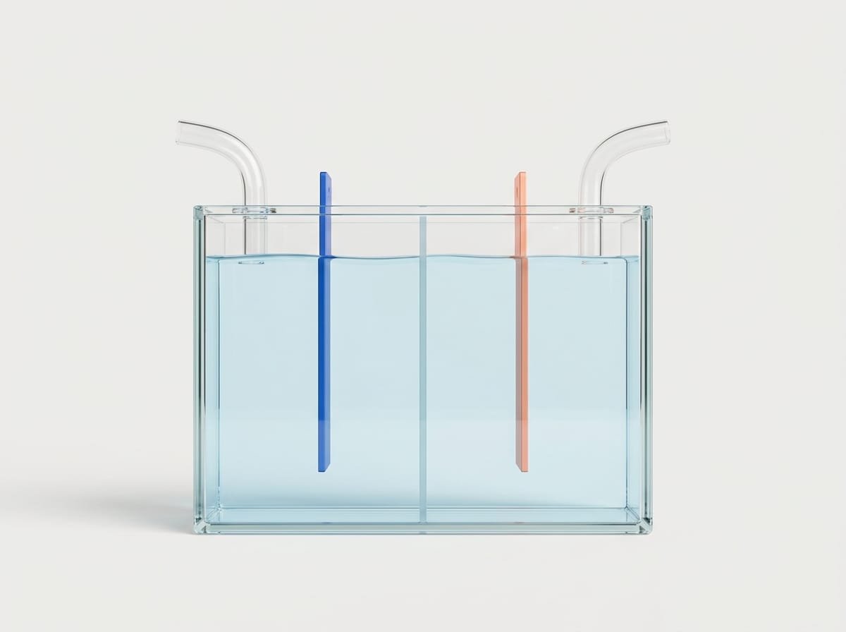 Animation 3D de l’électrolyse : l’eau se sépare dans la membrane et des bulles d’hydrogène sortent d’un côté et d’oxygène de l’autre