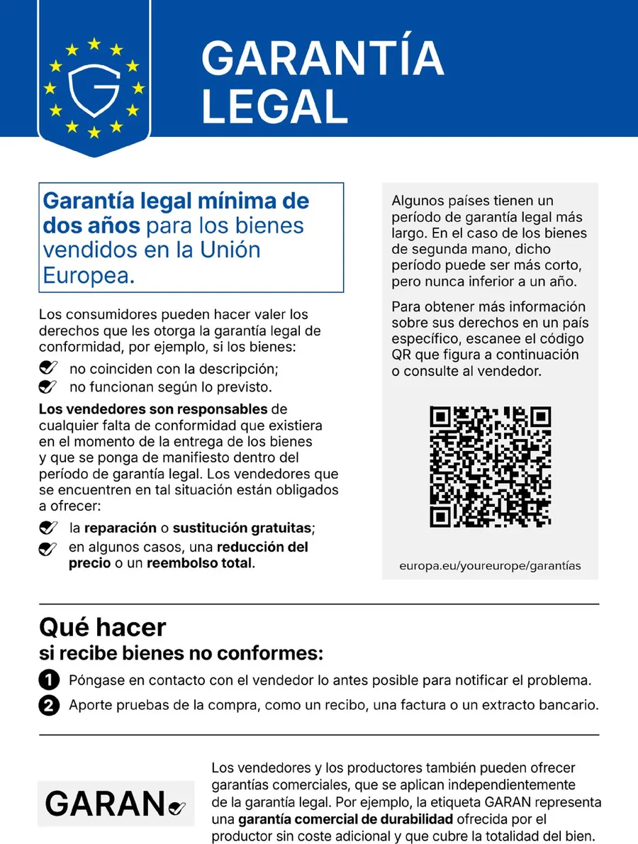Avis harmonisé de l’UE sur la garantie légale : garantie légale minimale de deux ans pour les biens vendus dans l’Union européenne. Les vendeurs sont responsables de tout défaut de conformité et doivent proposer la réparation ou le remplacement gratuits, ou dans certains cas une réduction du prix ou le remboursement intégral. Si vous recevez des biens non conformes, contactez le vendeur et fournissez une preuve d’achat.