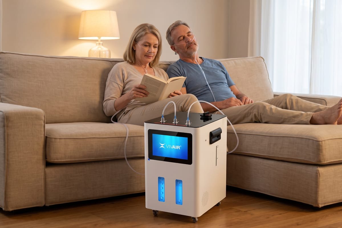 Couple sur le canapé utilisant VIVAIR Pro en même temps, chacun avec sa canule