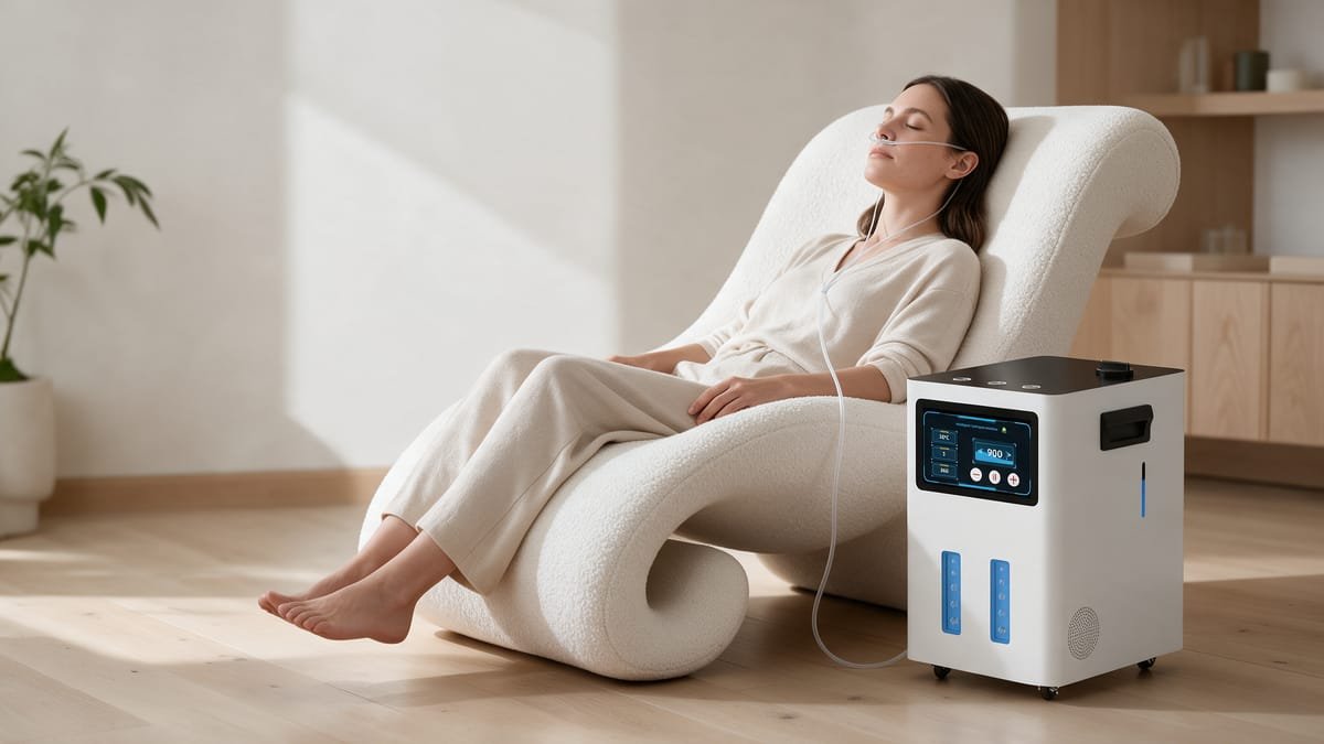 Relaxed woman in a designer armchair during a VIVAIR Pro session at a wellness centre
