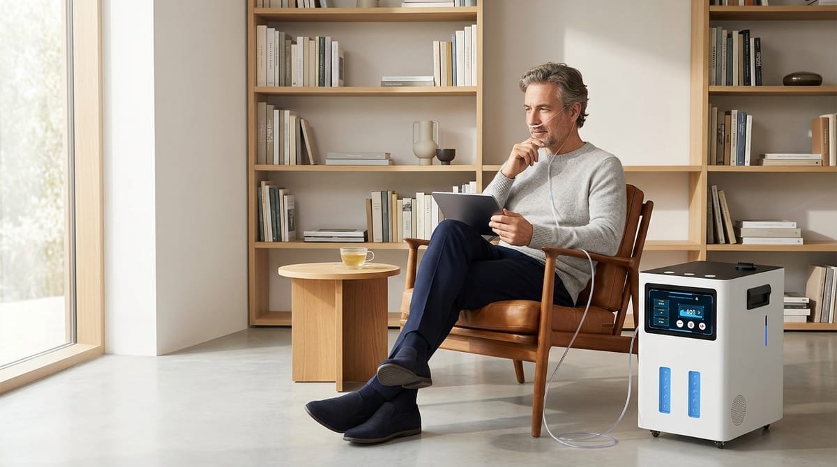 Hombre leyendo en una tableta en su estudio durante una sesión con VIVAIR Pro