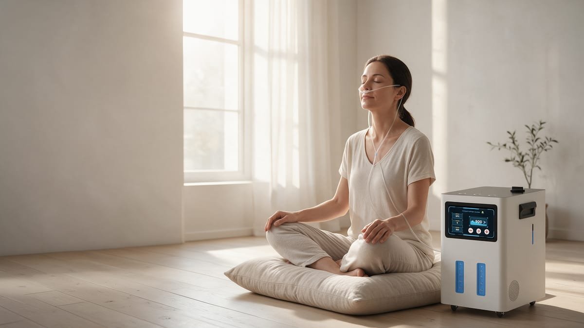 Woman meditating by the window during a VIVAIR Pro session